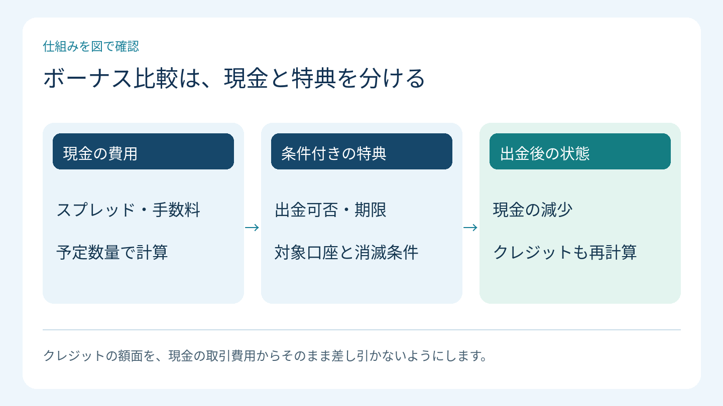ボーナス比較は、現金と特典を分ける