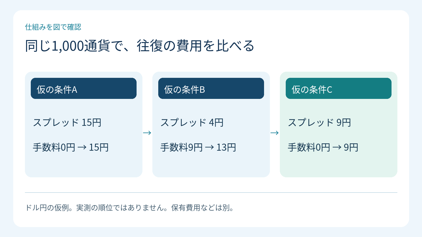 同じ1,000通貨で、往復の費用を比べる