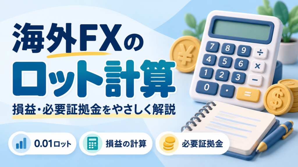 海外FXのロット計算。損益・必要証拠金をやさしく解説する、電卓と通貨のイラスト付きアイキャッチ